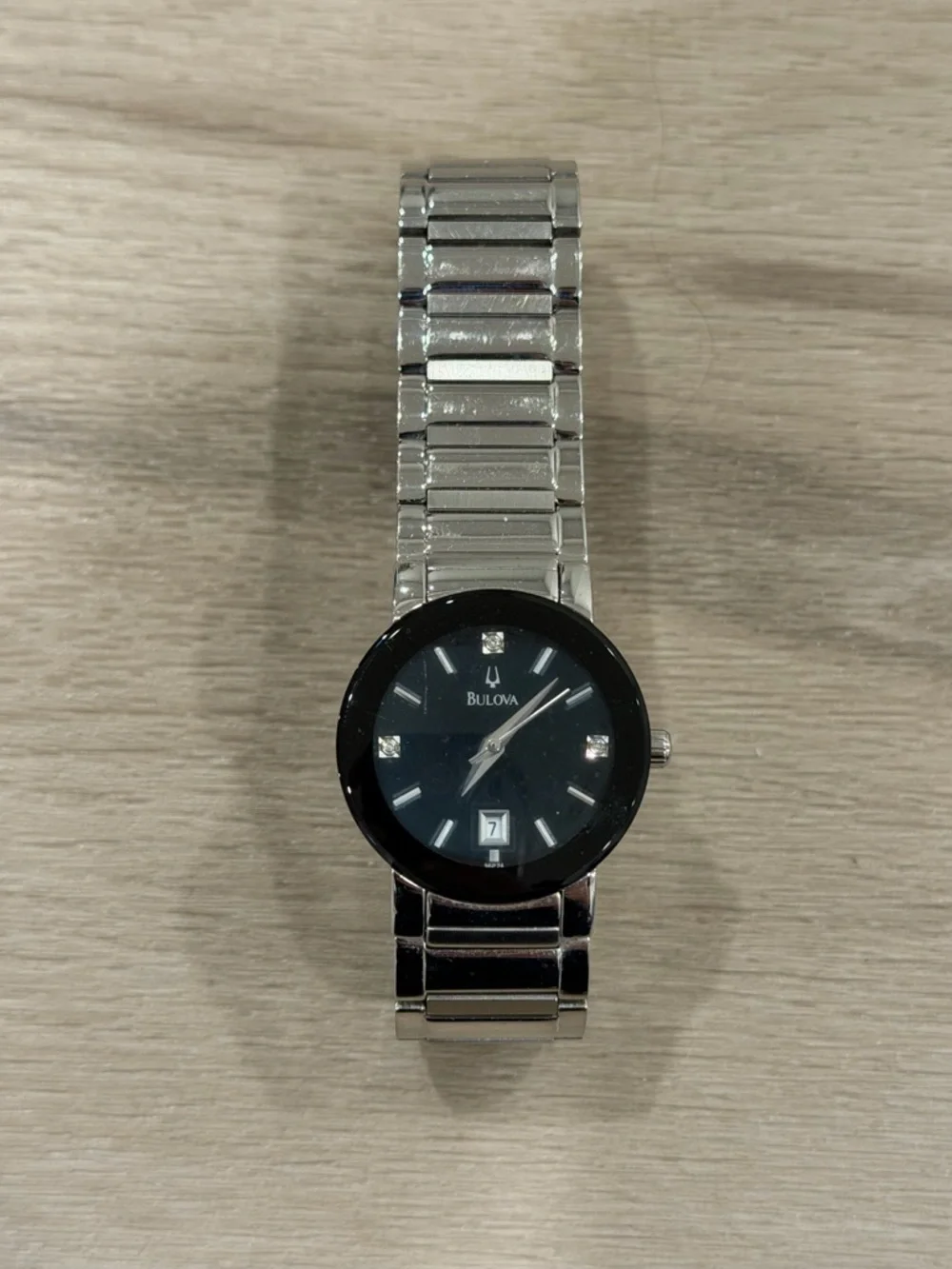 Bulova Modern Men's Watch Black Dial 3-Diamond Markers Stainless Steel 96D18